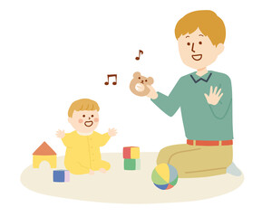 赤ちゃんと遊ぶ男性のイラスト