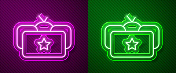 Glowing neon line Ushanka icon isolated on purple and green background. Russian fur winter hat ushanka with star. Soviet Union uniform of KGB and NKVD. Vector.