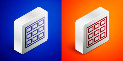 Isometric line Chocolate bar icon isolated on blue and orange background. Silver square button. Vector.