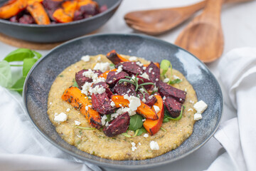 healthy plant-based food, vegan roasted veggies with polenta dish