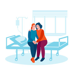 A woman with cancer sits on a bed in a hospital. A friend hugs, supports. Lavender ribbon. The concept of support of family and friends with oncology. Vector illustration in flat cartoon style.