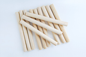 Wooden rounded blanks on white background. Garden.