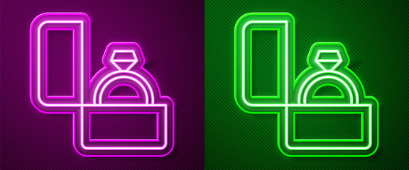 Glowing neon line Diamond engagement ring icon isolated on purple and green background. Vector.