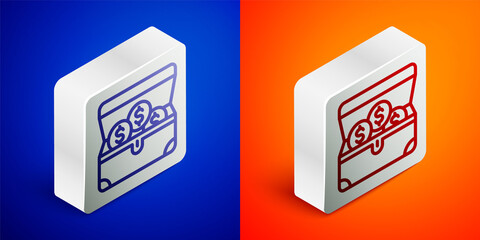 Isometric line Treasure chest icon isolated on blue and orange background. Silver square button. Vector.