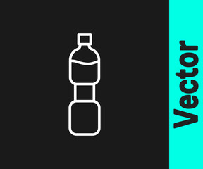 White line Bottle of water icon isolated on black background. Soda aqua drink sign. Vector.