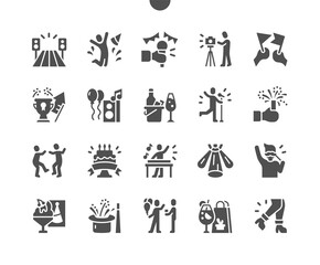 Party and celebration. Dance floor, music, sing and dancing. Congratulations, cocktail and gift. Success celebration. Festive cake, dessert and champagne. Vector Solid Icons. Simple Pictogram
