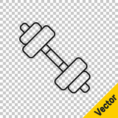 Black line Dumbbell icon isolated on transparent background. Muscle lifting icon, fitness barbell, gym, sports equipment, exercise bumbbell. Vector.