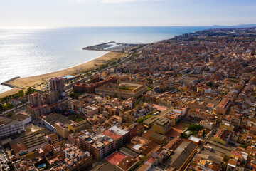 Aerial view of Mataro with buildings and coast line in the Spain