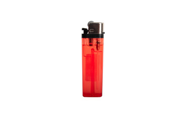 cheap red plastic gas disposable cigarette lighter on wooden surface closeup isolated on white...