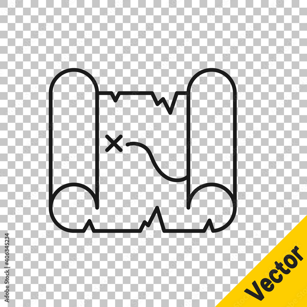 Poster black line pirate treasure map icon isolated on transparent background. vector.