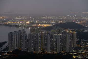 Housing estates in the night in Tung Chung, Hong Kong