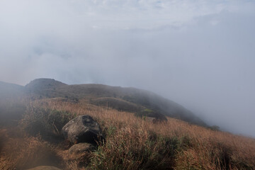 A cloudy day on Sunset Peak on Lantau Island, Hong Kong. It's the third highest peak in Hong Kong...
