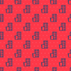 Blue line Pills in blister pack icon isolated seamless pattern on red background. Medical drug package for tablet, vitamin, antibiotic, aspirin. Vector.