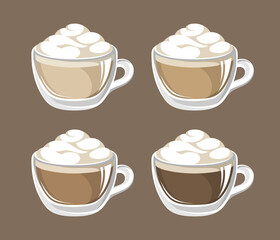 Coffee drink with frothy foam in a glass mug with different milk ratio set. Clip art vector illustration for cafe shop menu, prints and design elements, etc. Latte espresso cappuccino, pure black 