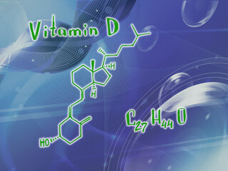 Chemical molecular formula of the hormone Vitamin D N . Infographics. Abstract bright glitter blue background.