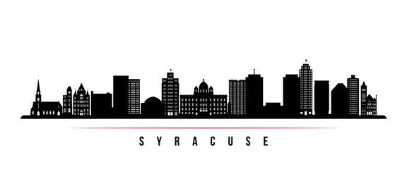 Syracuse skyline horizontal banner. Black and white silhouette of Syracuse, New York. Vector template for your design.