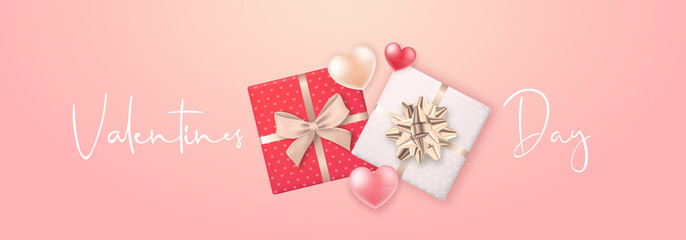Fototapeta na wymiar Long Horizontal Valentine's Day Banner. Realistic gift boxes and 3d hearts. Festive banner for promo designs and special offers. Vector illustration.