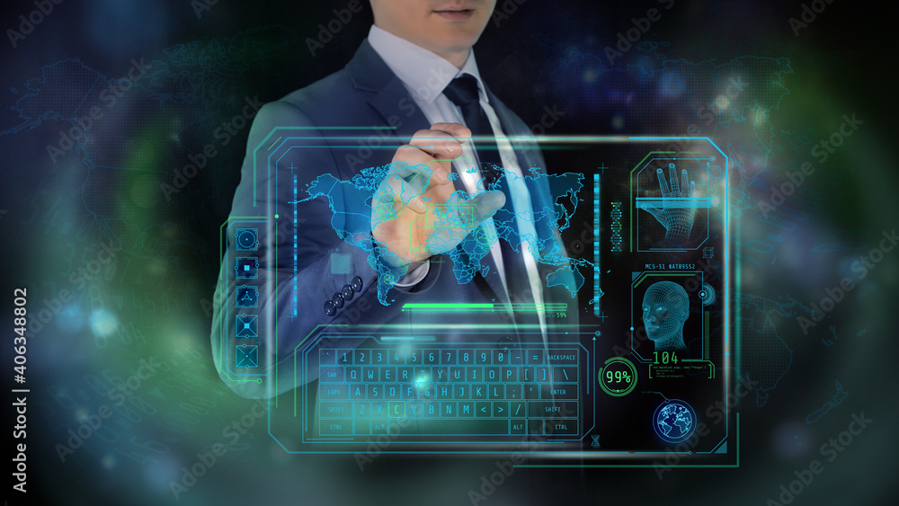 Poster financial background with holographic interface of the access protection program