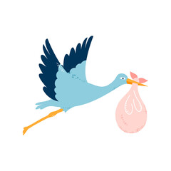 Baby card. The stork is carrying a child. Vector illustration on white isolated background