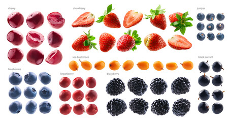 Fototapeta na wymiar Large set of different berries on a white background