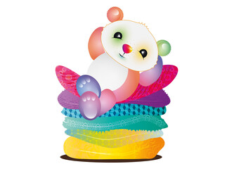 kleiner bunter Bär relaxt auf farbenfrohen Kissen © namosh