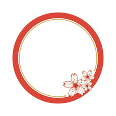 桜の花をあしらった、シンプルな和風の赤いフレーム枠。ベクターイラスト、コピースペースあり。