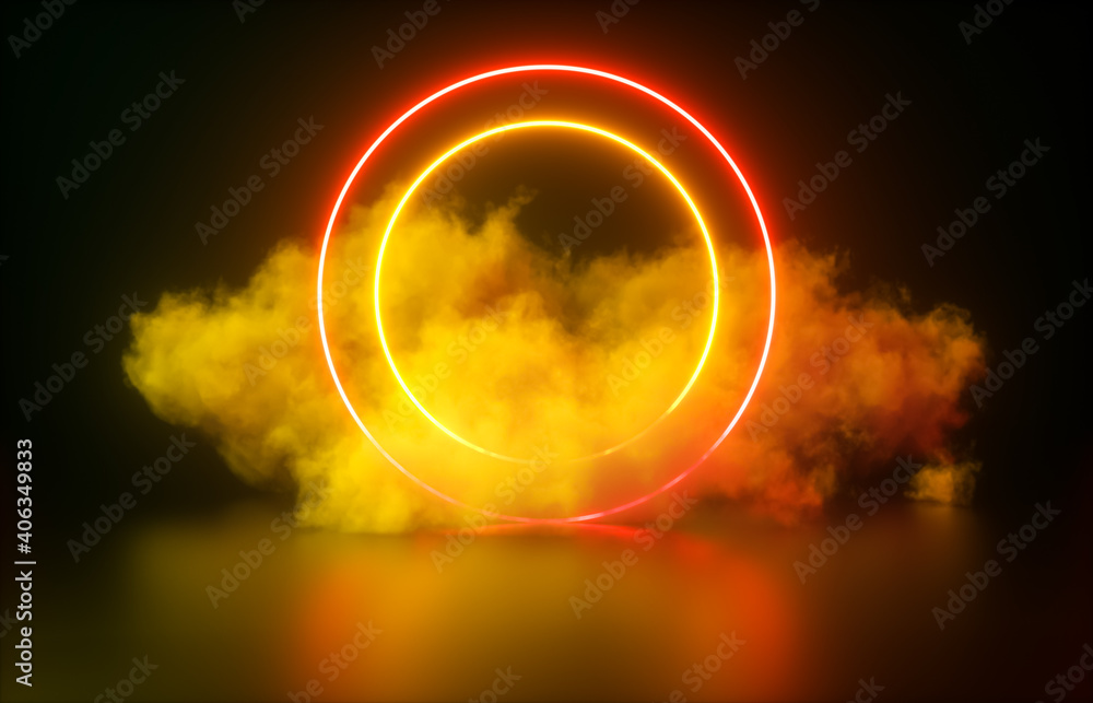 Poster futuristic modern empty stage. reflective dark room with glowing neon circle shape and cloud. 3d ren
