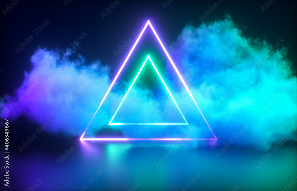 Poster Futuristic Modern empty stage. Reflective dark room with glowing neon triangle shape and cloud. 3d render.