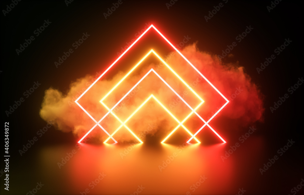 Poster Futuristic Modern empty stage. Reflective dark room with glowing neon rhombus shape and cloud. 3d render.