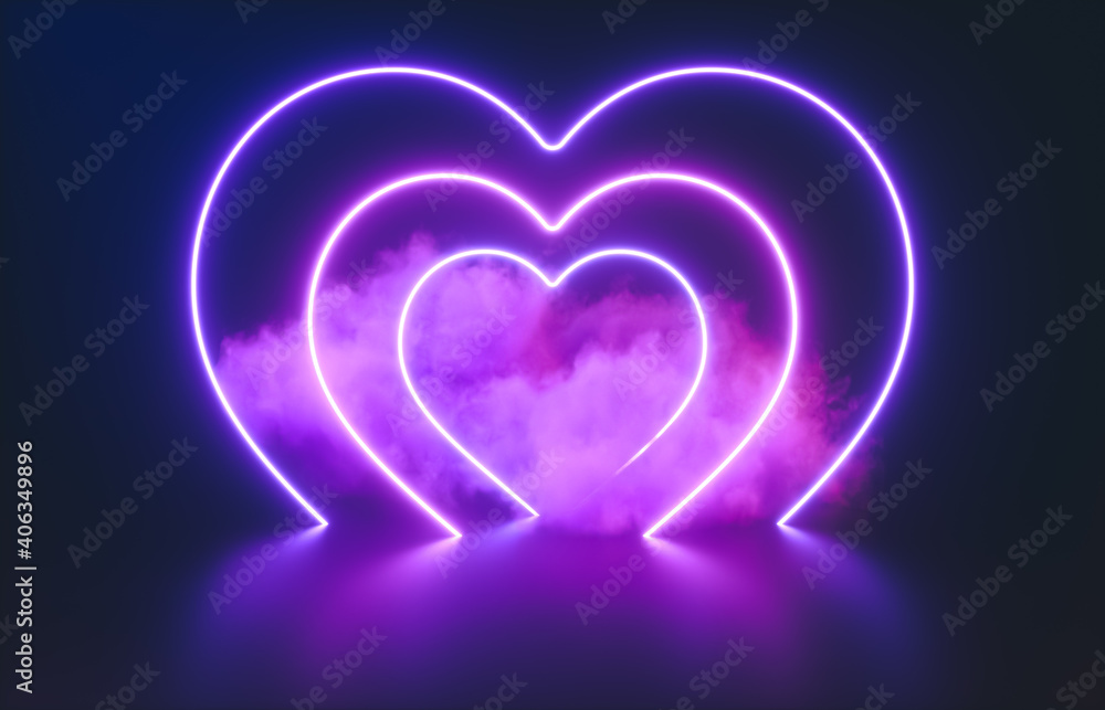 Aufkleber futuristic modern empty stage. reflective dark room with glowing neon heart shape and cloud. 3d rend