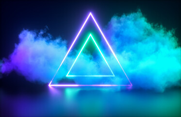 Futuristic Modern empty stage. Reflective dark room with glowing neon triangle shape and cloud. 3d render.