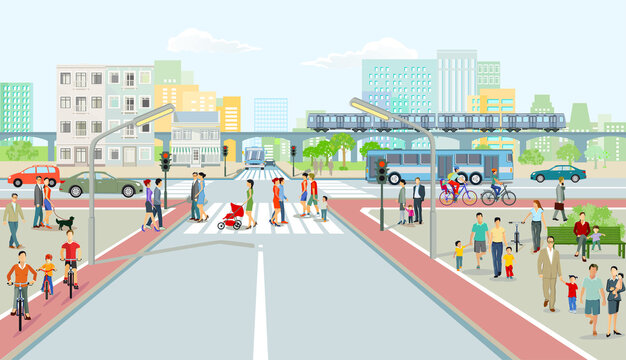 Stadtansicht mit Straßenverkehr, Hochbahn und Menschen Illustration
