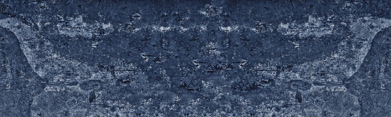 Navy blue old shabby concrete wall wide texture. Dark indigo rough cement gloomy abstract grunge...