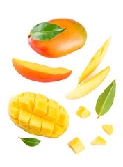 Fototapeta na wymiar mango slice with green leaves isolated on white background. top view
