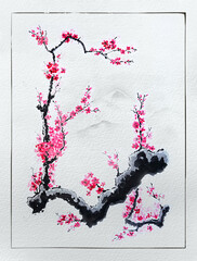 Blossoming sakura branch. Traditional Japanese ink painting. Illustration.