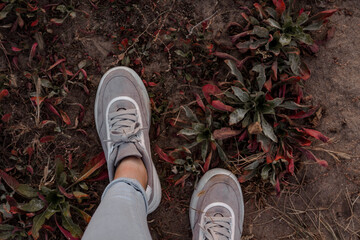 women's sneakers on a background of plants