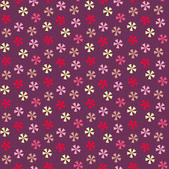Fototapeta na wymiar Pattern with abstract geometric shapes. Multicolored stylized flowers on a burgundy background. Vector illustration for wrapping paper, fabric, decorative work, scrapbooking. 