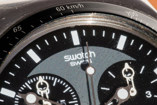 Pruszcz Gdanski, Poland - January 13, 2021: Detail with sign Swatch Swiss on Swatch Irony swiss made quartz watch.