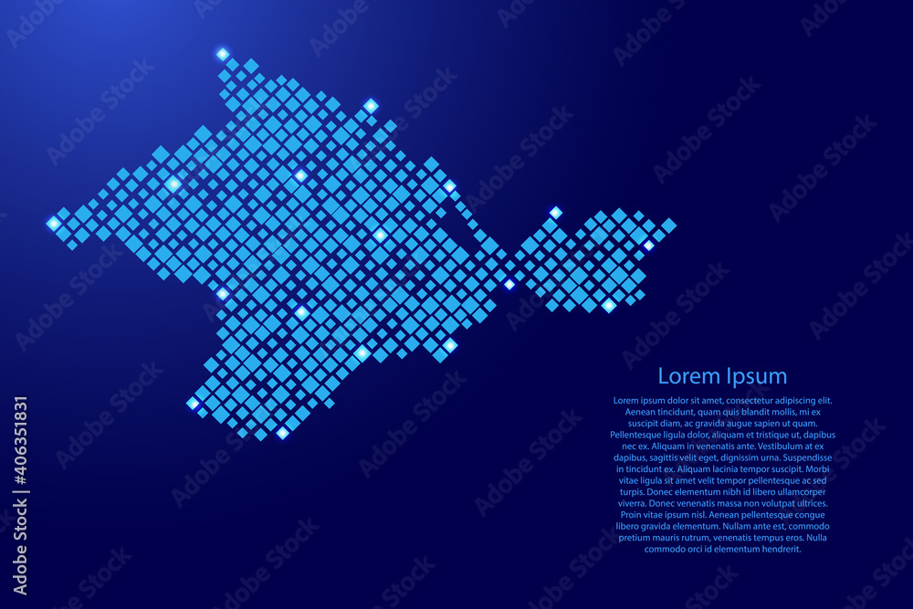 Poster crimea map from blue pattern rhombuses of different sizes and glowing space stars grid. vector illus