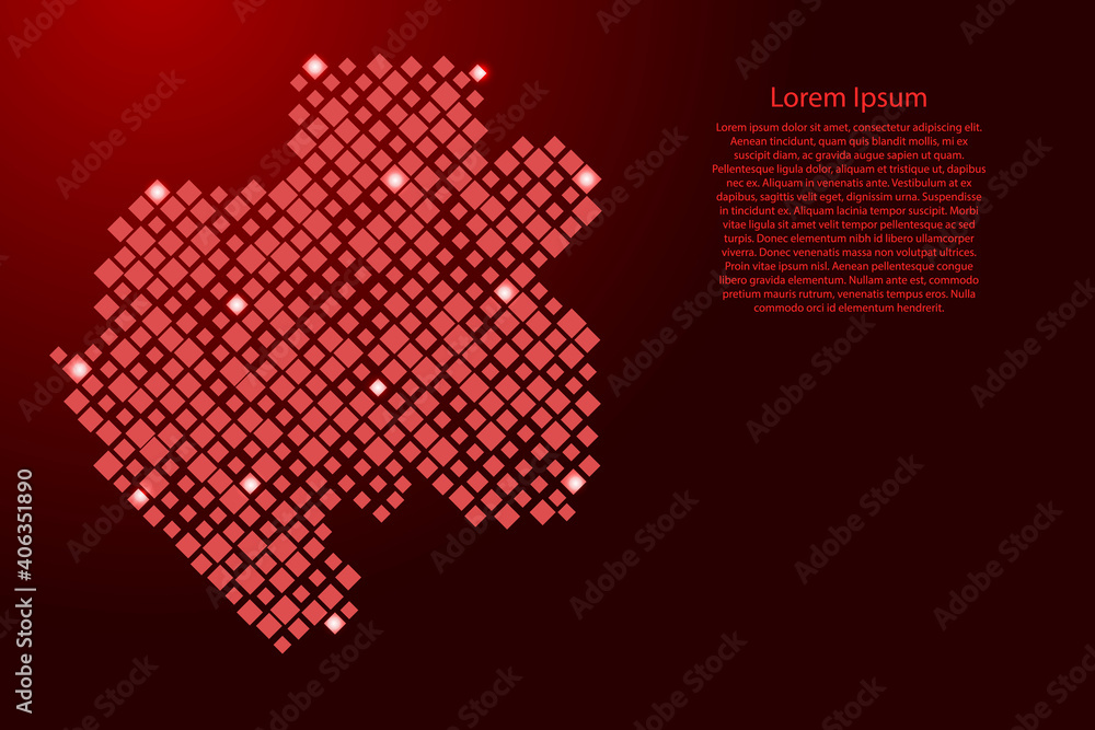 Poster gabon map from red pattern rhombuses of different sizes and glowing space stars grid. vector illustr