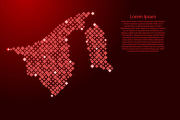 Brunei map from red pattern rhombuses of different sizes and glowing space stars grid. Vector illustration.