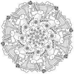 Mandala vegetable garden, rabbit, hare and carrot coloring page for children and adults