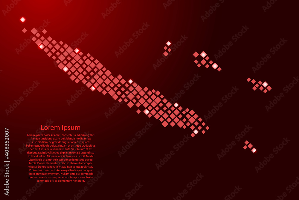 Aufkleber new caledonia map from red pattern rhombuses of different sizes and glowing space stars grid. vector