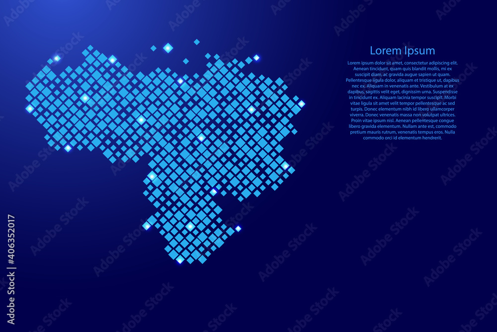 Poster venezuela map from blue pattern rhombuses of different sizes and glowing space stars grid. vector il