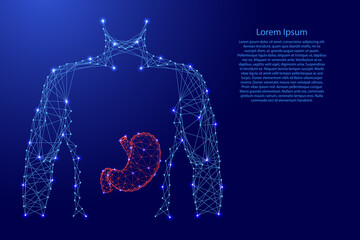 Stomach is in the body the human torso, anatomical digestive organ from futuristic polygonal blue and red lines and glowing stars for banner, poster, greeting card. Vector illustration.