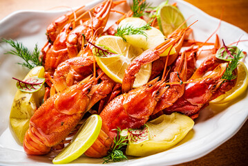 Crayfish. Red boiled crawfishes on table in rustic style