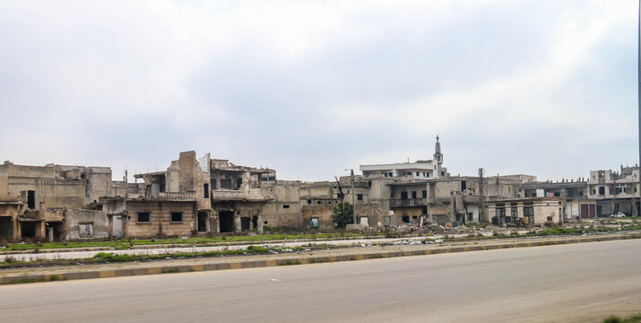 Aleppo City and countryside after the defeat of ISIS in November 2020 showing the destroyed buildings after ISIS left