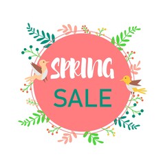 Spring sale vector poster design. Poster design with bright spring leaves. Vector illustration. EPS 10