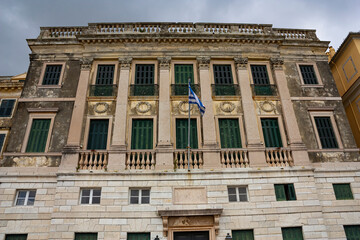 Fototapeta na wymiar The facade of a grand building in Corfu, Greece