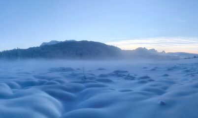 Bizarre, otherworldly winter landscape around frozen covered in ground fog
